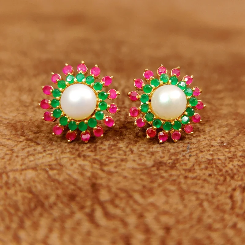 silver dangle earrings for women -GOLD PLATED RUBY EMERALD & PEARL STUDS