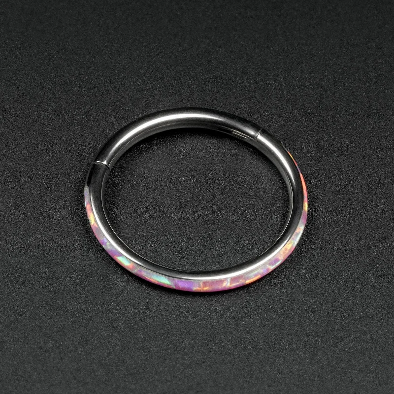 personalized engagement rings -Inlaid Rose Pink Synth Opal Titanium Hinged Segment Ring