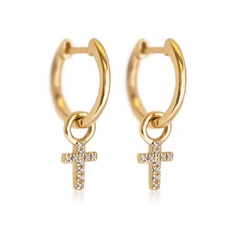 luxury earrings for women -Diamond Cross Huggie Earrings