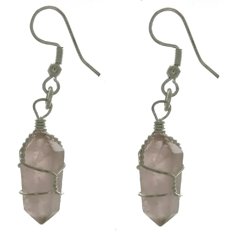 chic crystal earrings for women -DROP WIRE WRAP ROSE QUARTZ POINT EARRINGS