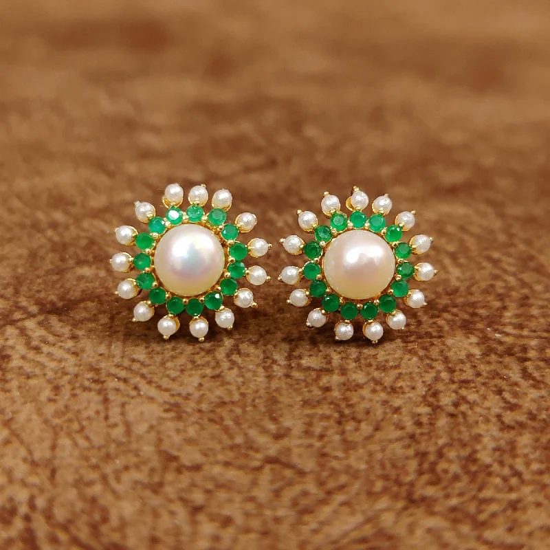 small hoop earrings for women -EMERALD COLOUR CZ & PEARL GOLD PLATED STUDS