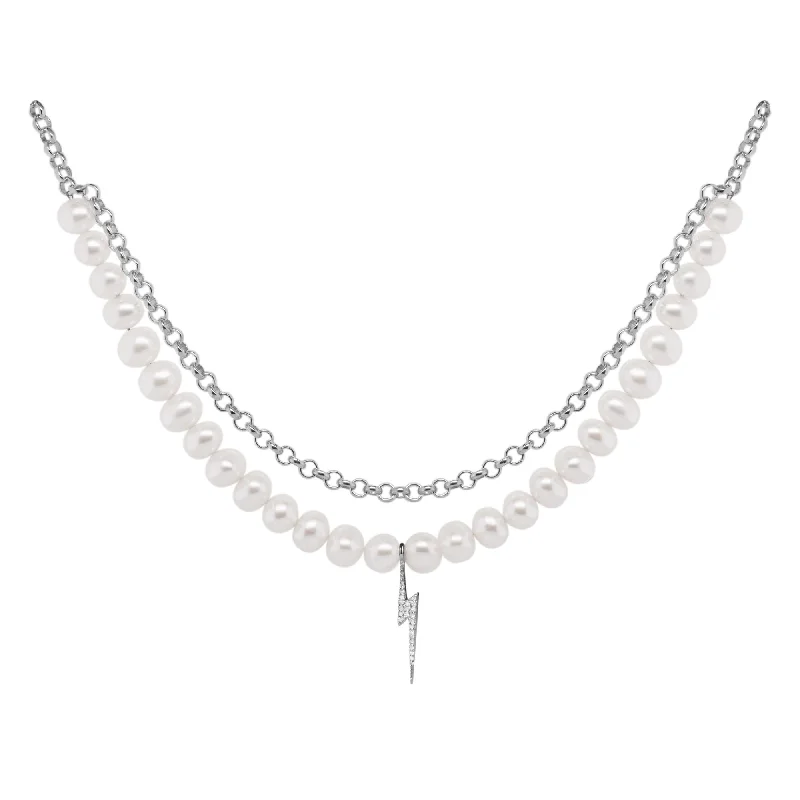 celestial necklaces for women -Bolt oxidized Silver Necklace w. Pearl & Zirconia