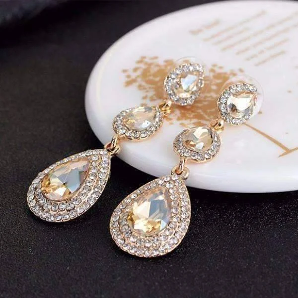 diamond earrings for women -Classique Champagne Triple Crystal Drop Dangling Earrings for Woman