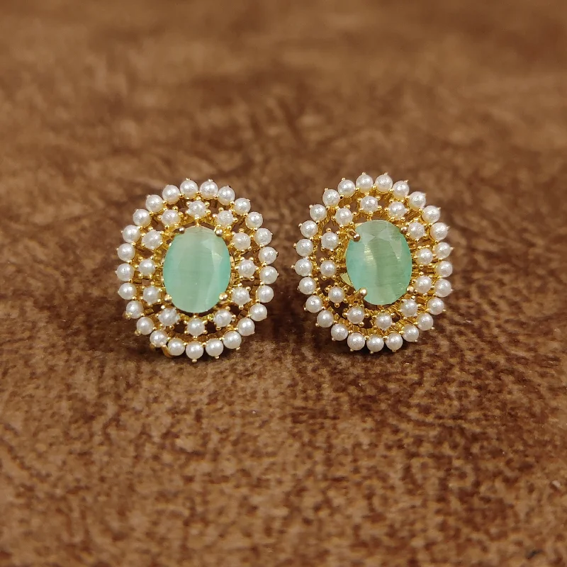 radiant earrings for women -MINT GREEN COLOUR STONE & PEARL OVAL STUDS