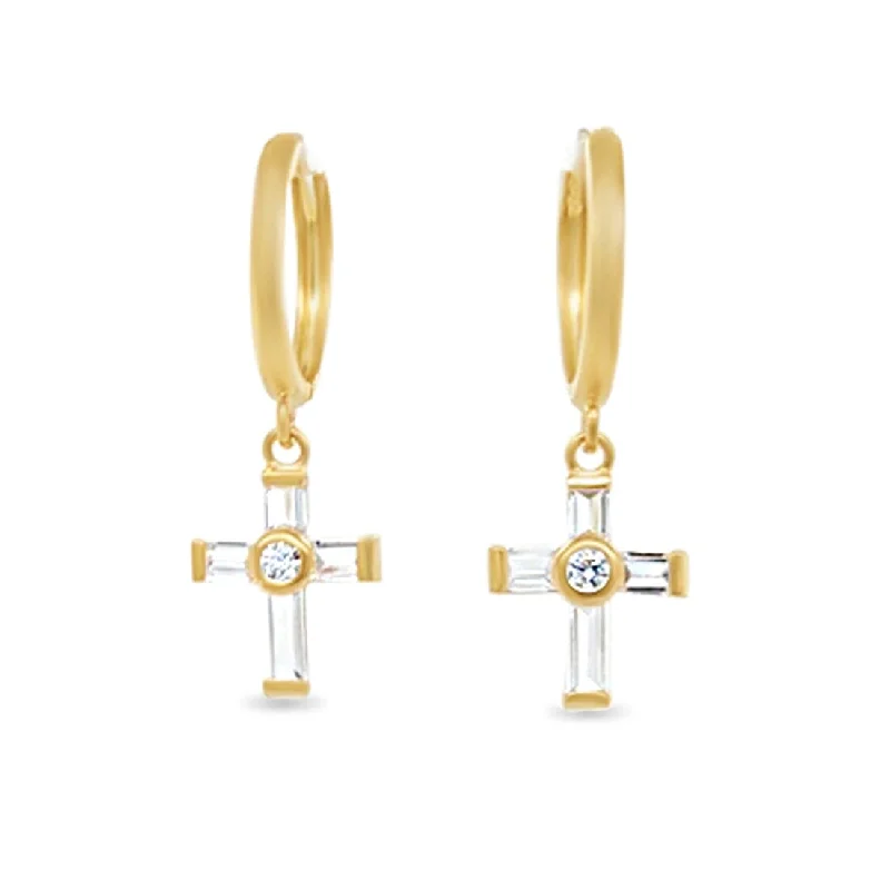 sterling silver earrings for women -Cross Drop Earrings with Cubic Zirconia in 9ct Yellow Gold