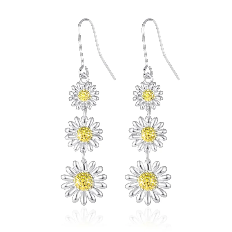 gold drop earrings for women -Triple Daisy Drop Earrings