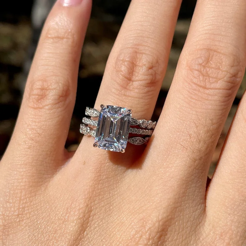 handmade engagement rings -3.25 Ct Emerald Cut Solitaire Ring Side Stone Marquise Cut Bridal Set in Sterling Silver