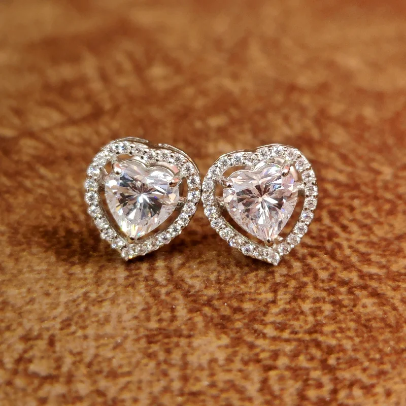 trendy earrings for women -SILVER HEART SOLITAIRE DIAMOND LOOK ALIKE 92.5 STUDS