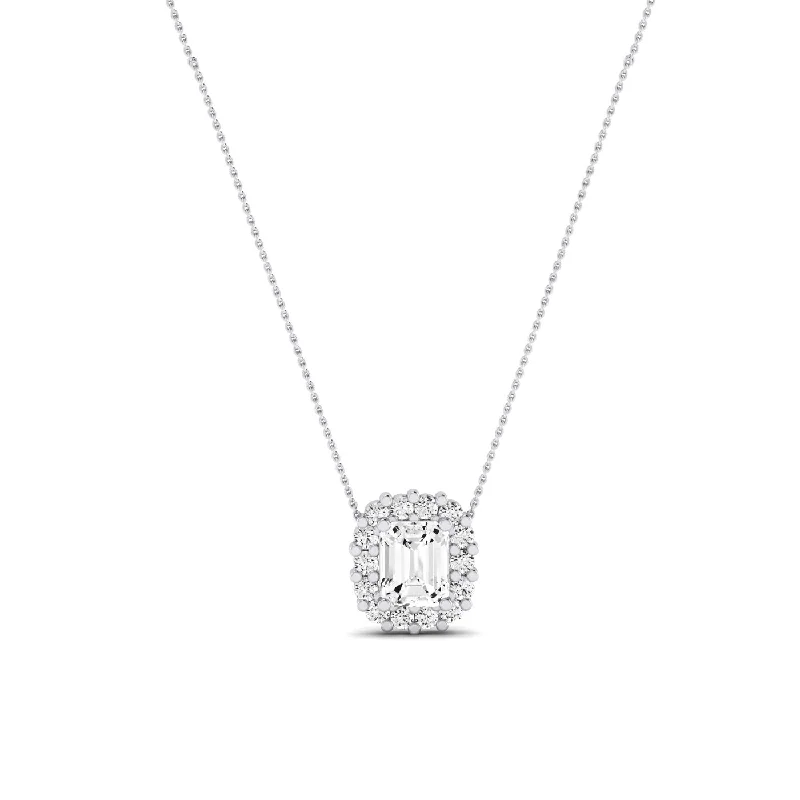 anniversary gift necklaces for women -Angelwing Emerald Cut Moissanite Halo Necklace