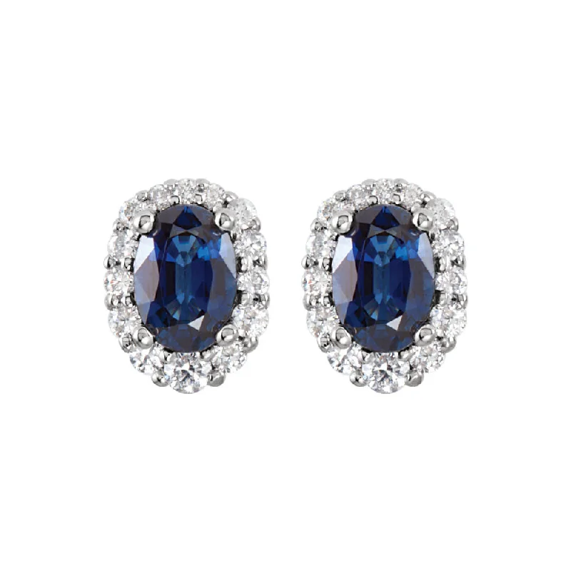 minimalistic earrings for women -Oval Blue Sapphire & Diamond Halo Post Earrings in 14k White Gold