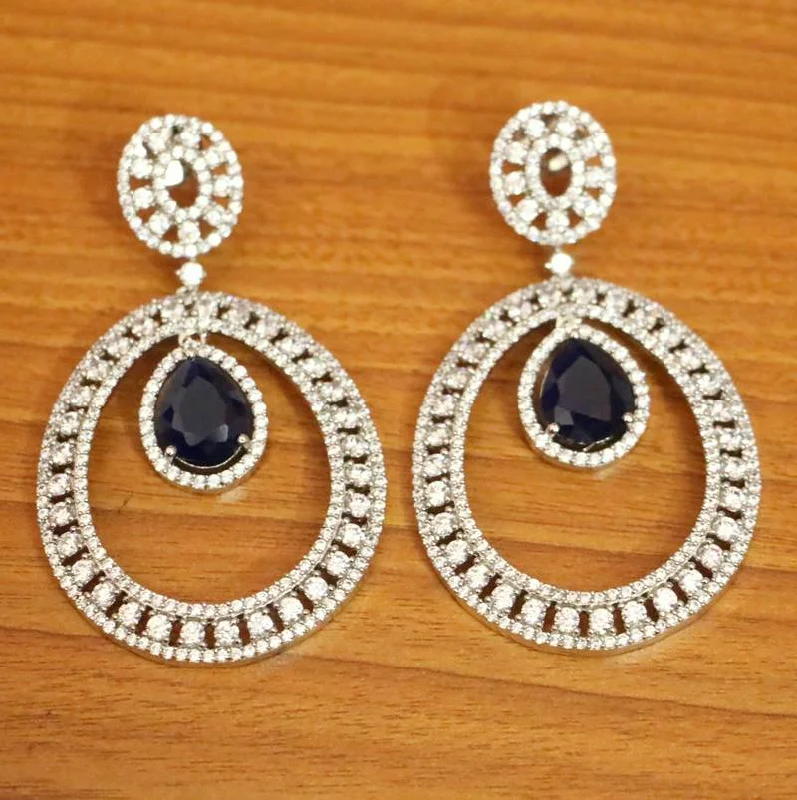 contemporary earrings for women -BLUE SAPPHIRE DIAMOND LOOK SILVER PLATED CZ DANGLERS