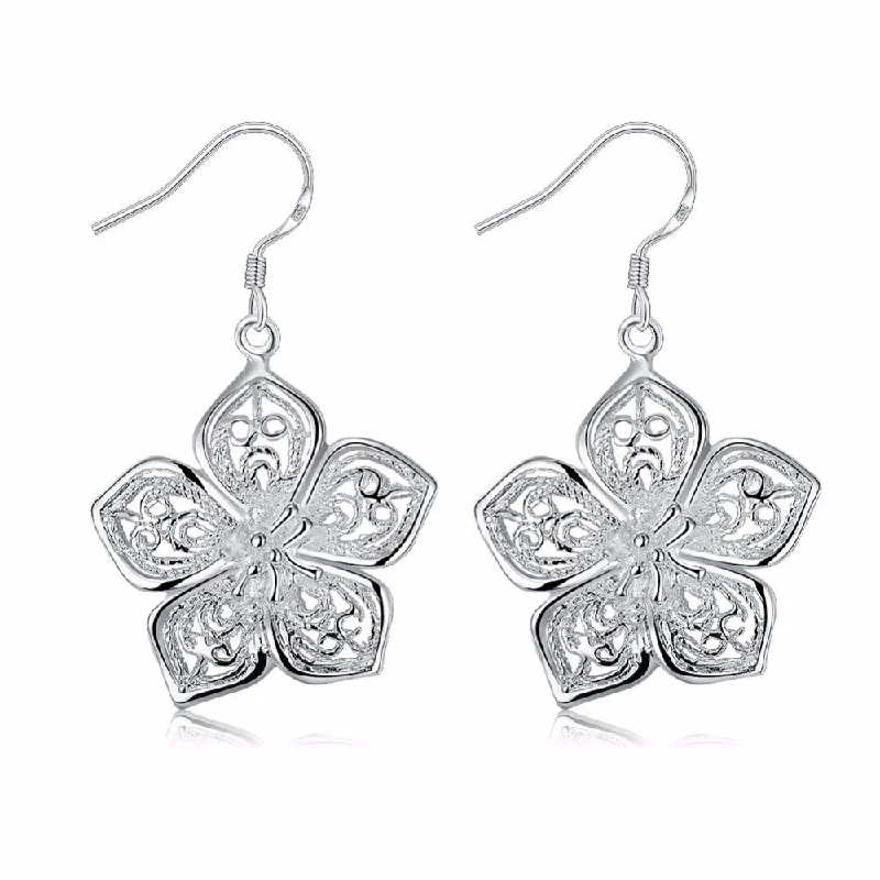 bright gemstone earrings for women -Silver Hibiscus Flower Earrings for Women