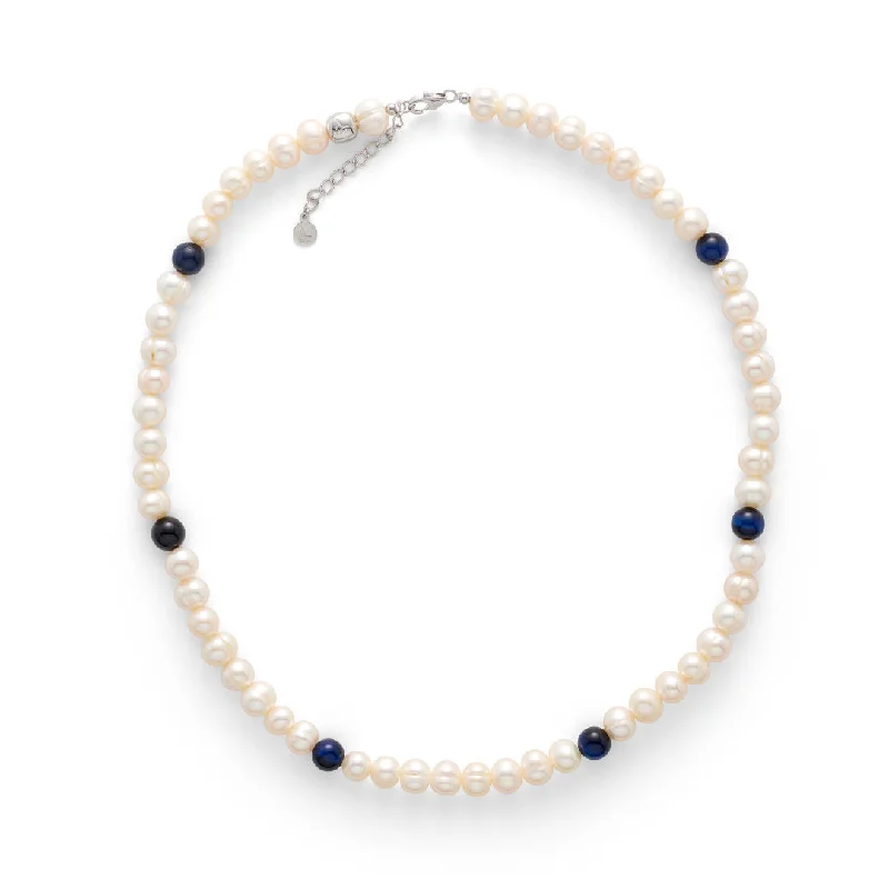 luxury necklaces for women -Silver Necklace w. Pearls & Blue Tiger's Eye