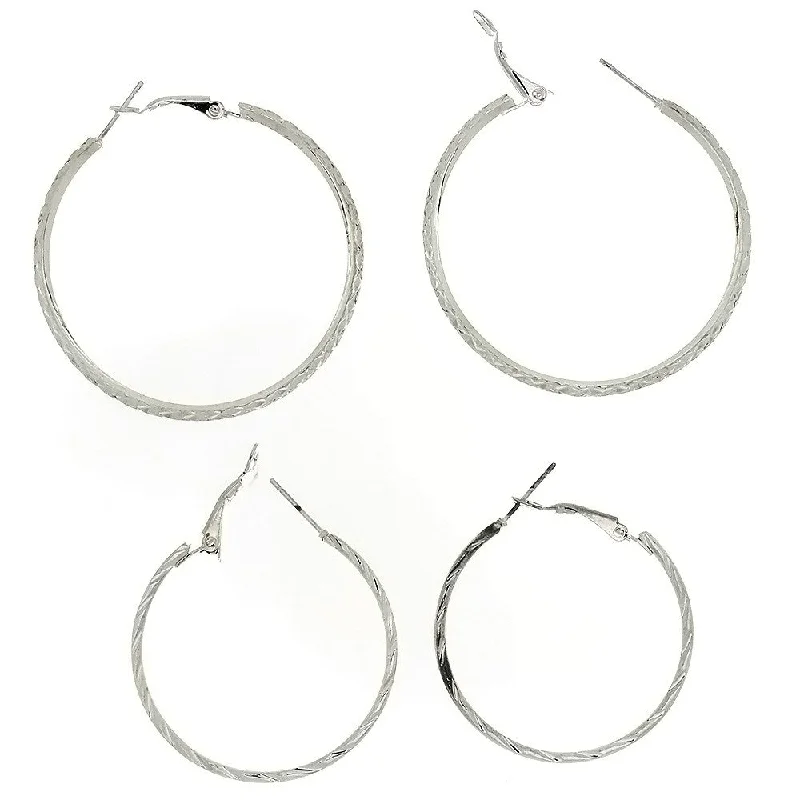 statement earrings for women -HOOP ETCHED SILVER EARRINGS (2 PR)