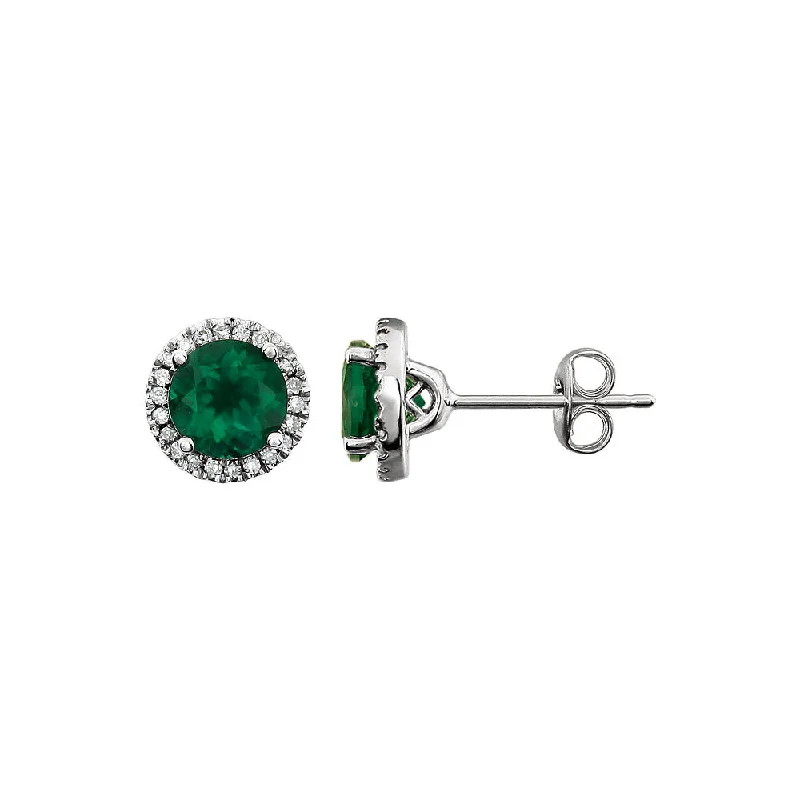 gold earrings for women -8mm Halo Style Created Emerald & Diamond Earrings in 14k White Gold