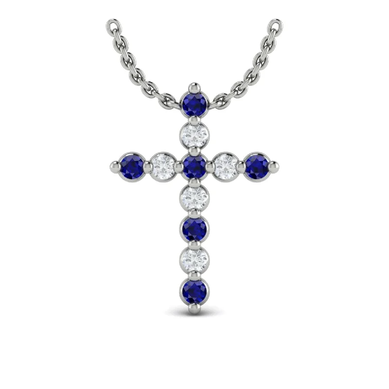 handmade gold necklaces for women -Diamond and Blue Sapphire  Cross Pendant Necklace