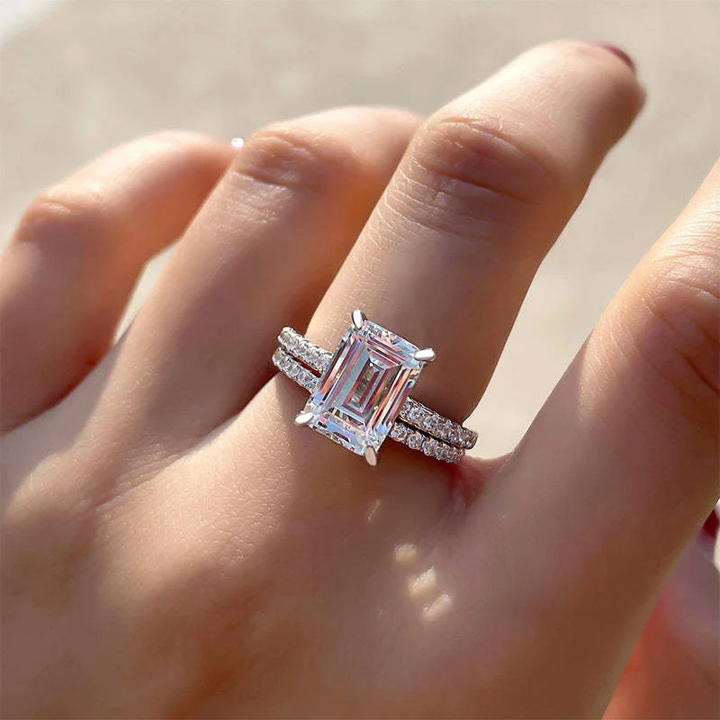 geometric rings for women -2pcs Solitaire Emerald Cut Bridal Ring Set in Sterling Silver