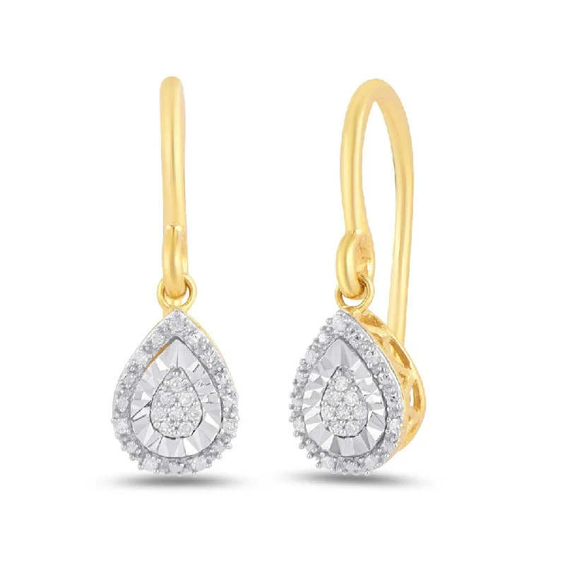 trendy drop earrings for women -Diamond Set Pear Halo Drop Earrings in 9ct Yellow Gold