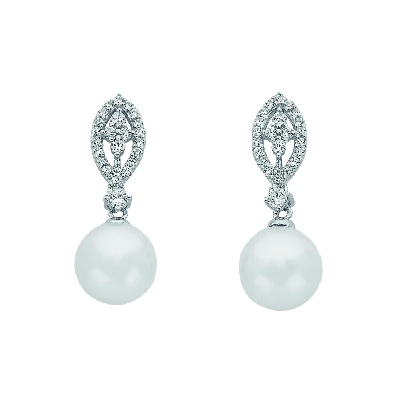 gold earrings with diamonds -Sterling Silver Synthetic Pearl Cubic Zirconia Marquise Earrings