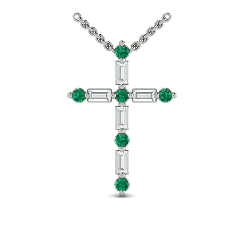 luxurious necklaces for women -Diamond Baguette and Emerald Cross Pendant Necklace