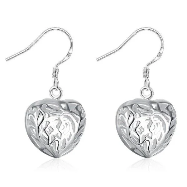 trendy stud earrings for women -Silver Cut Out Fancy Puffed Silver Heart Earrings For Woman