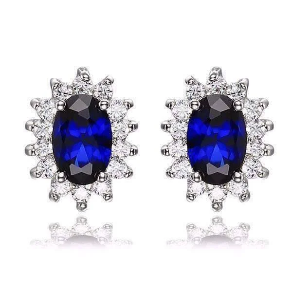 gold earrings for women -Swiss Blue Oval Cut 1CTW Simulated Sapphire IOBI Precious Gems Halo Sterling Silver Earrings for Women Special Occasion