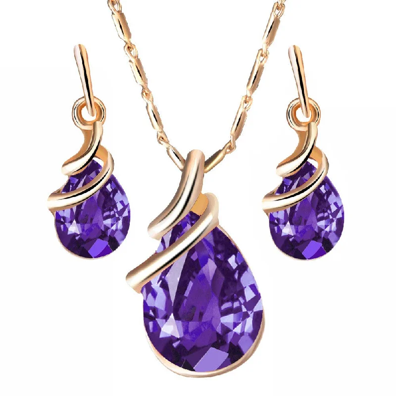 geometric earrings for women -Lady Luxury Shiny Glass Water Drop Shape Pendant Earrings Necklace Jewelry Set