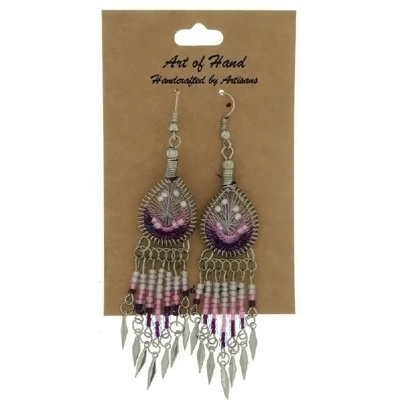 cute stud earrings for women -DANGLE THREAD WEAVE & SEED BEAD DREAMCATCHER PURPLE EARRINGS