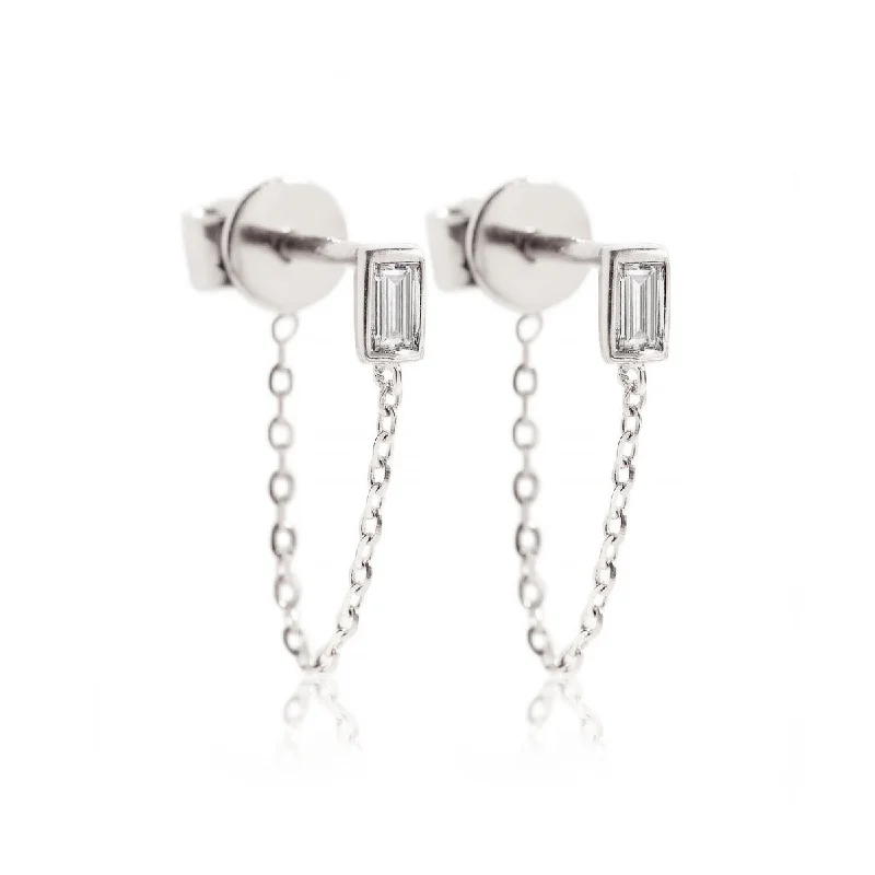 stud pearl earrings for women -Baguette Diamond Chain Earrings