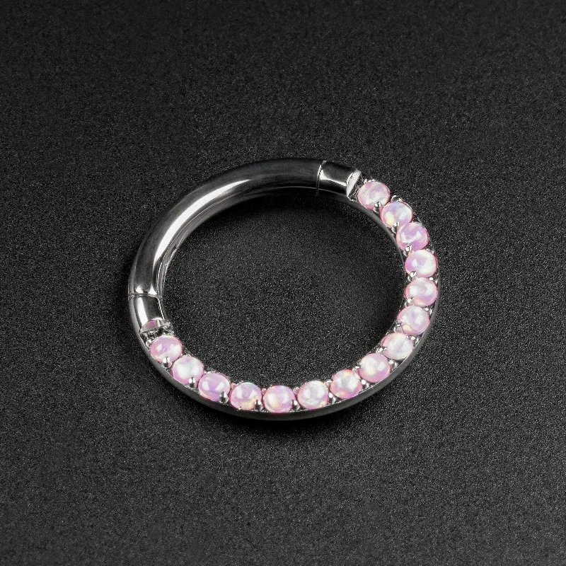 bohemian engagement rings -Multi Rose Pink Synth Opal Titanium Hinged Segment Ring