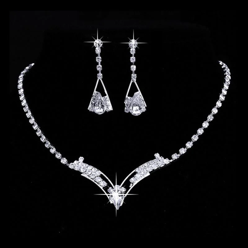 luxury drop earrings for women -Luxury Silver Plated Alloy Women Trendy Triangle Pendant Rhinestone Necklace Earrings Set