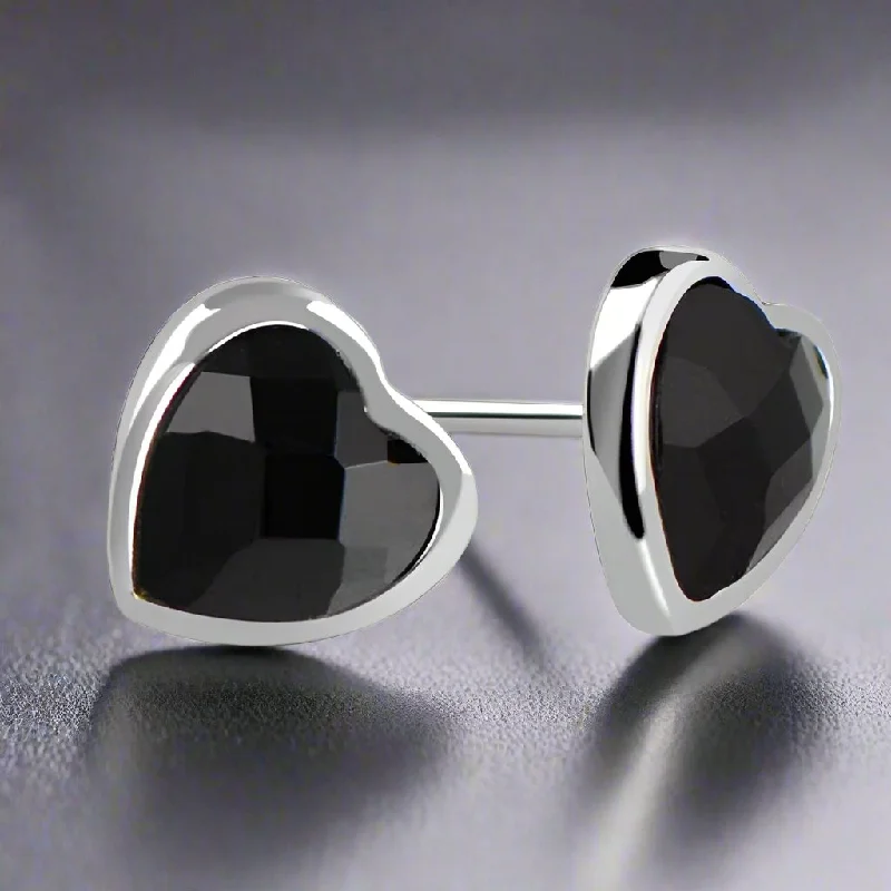 designer earrings for women -Faceted Black Agate Heart Stud Earrings for Women