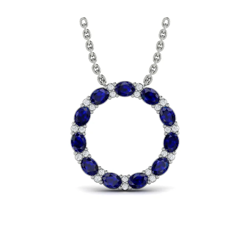 trendy necklaces for women -Oval Blue Sapphire and Diamond Open Circle Pendant Necklace