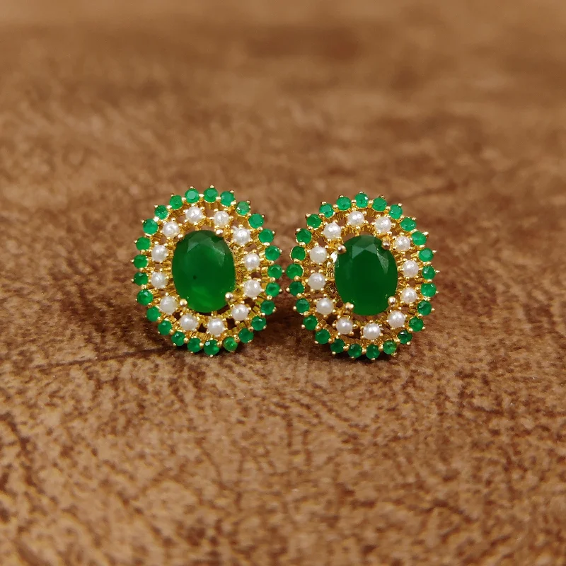 teardrop earrings for women -EMERALD & PEARL GOLD PLATED OVAL STUDS