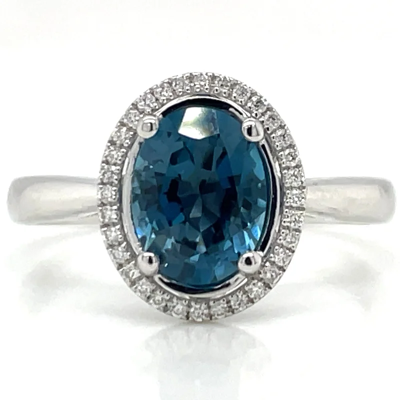 timeless engagement rings -9ct White Gold Earth Grown 1.62ct London Blue Topaz And Diamond Halo Ring