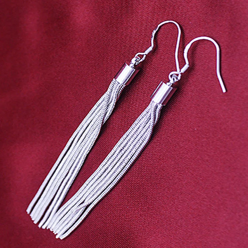 gold hoop earrings for women -Sleek Silver Strings Tassel Earrings