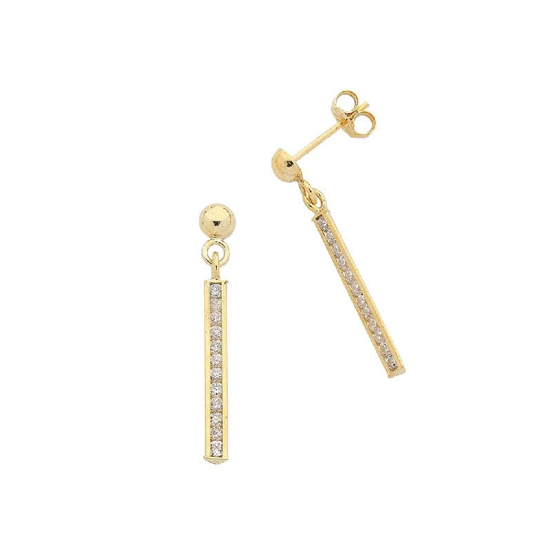 fine gold earrings for women -9ct Yellow Gold Silver Infused Cubic Zirconia Bar Drop Earrings