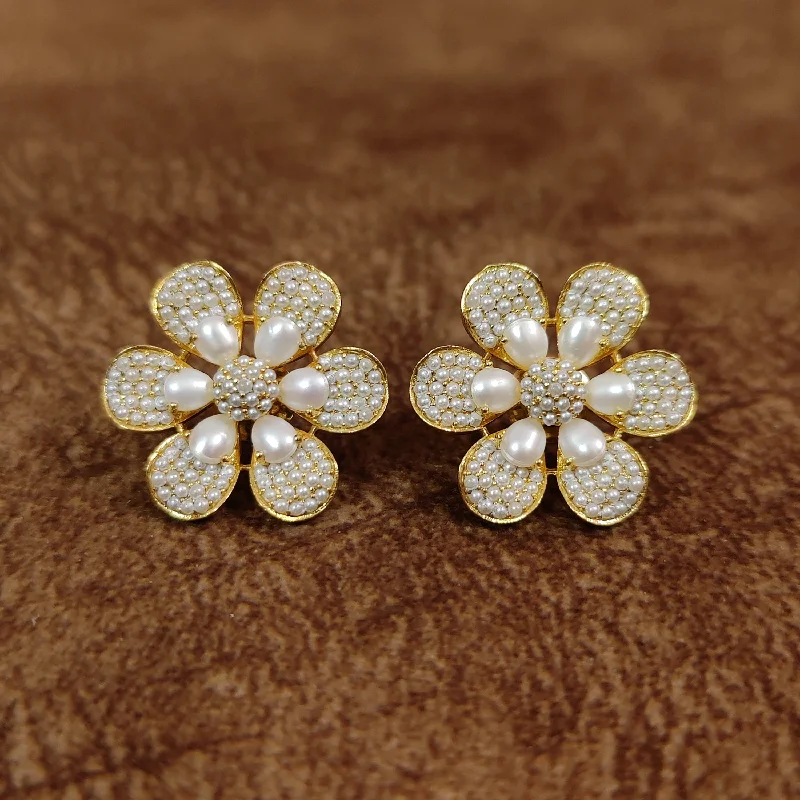 stud pearl earrings for women -FLOWER PATTER SEMI PRECIOUS PEARL STUDS