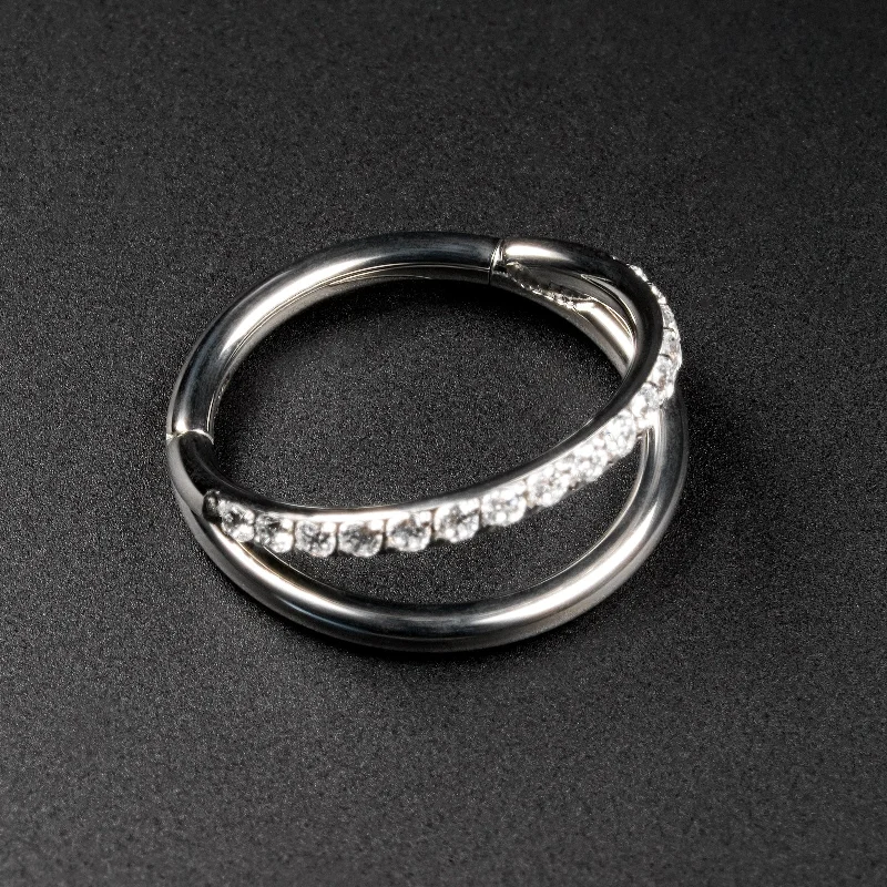 bold rings for women -Double Hoop Single Jewelled Titanium Hinged Segment Ring