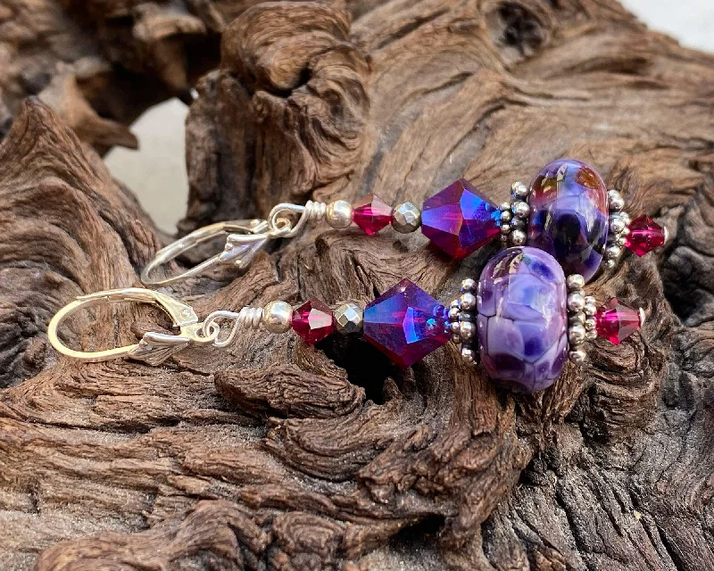 rose gold stud earrings for women -Purple Fuchsia Crystal Lampwork Earrings