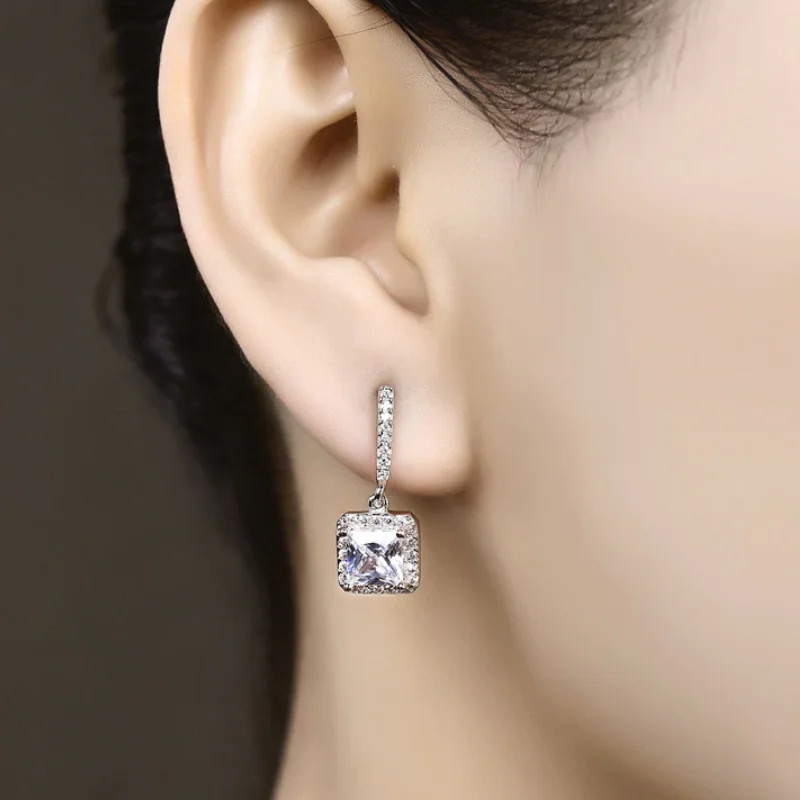 hoop earrings for women -Soirée Princess Cut Halo Zirconia Earrings for Women