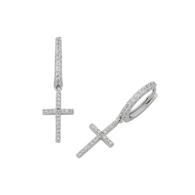 bridal drop earrings for women -Sterling Silver Cubic Zirconia Cross Drop Earrings