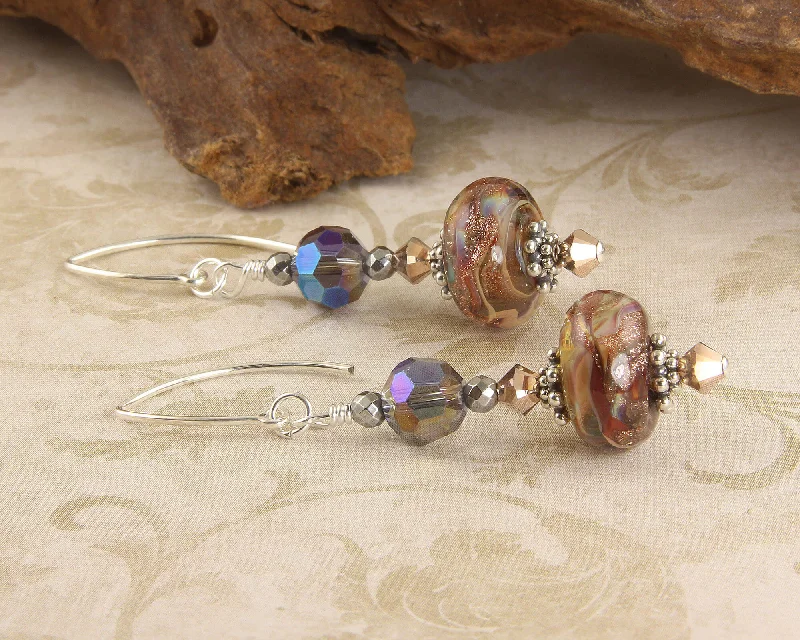 art deco earrings for women -Purple Shimmering Goldstone Lampwork Earrings