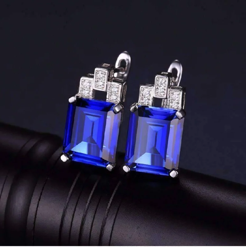 layered drop earrings for women -Legacy 8CT Emerald Cut Simulated Russian Sapphire IOBI Precious Gems Earrings