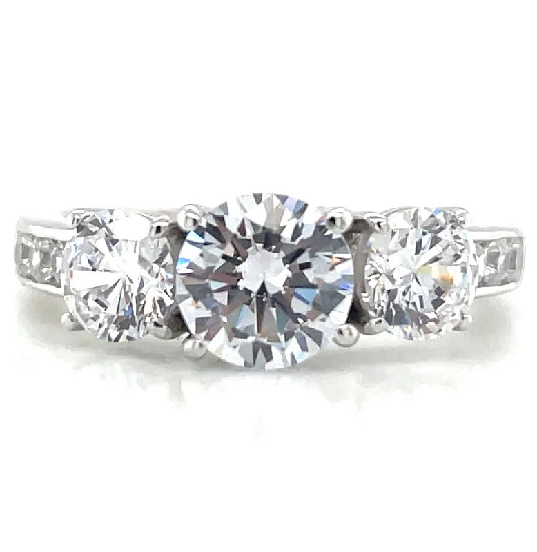 oval-cut rings for women -Sterling Silver Three Stone CZ Ring with CZ Set Shoulders