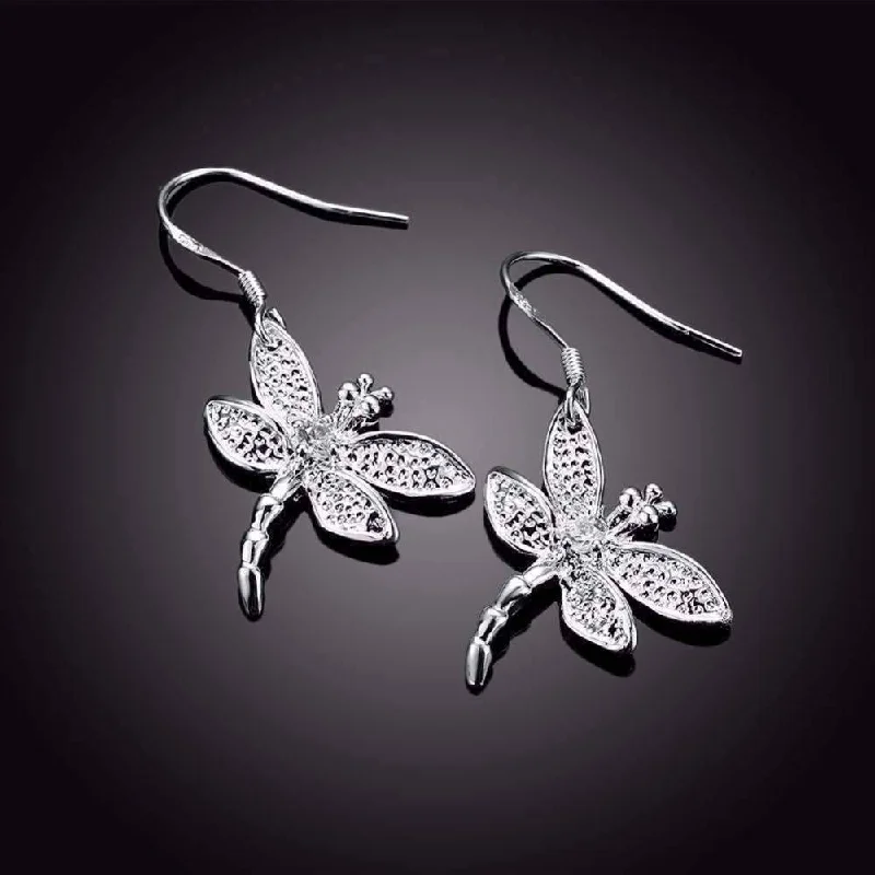 dangling gemstone earrings for women -Sterling Silver Dragonfly Dangle Earrings