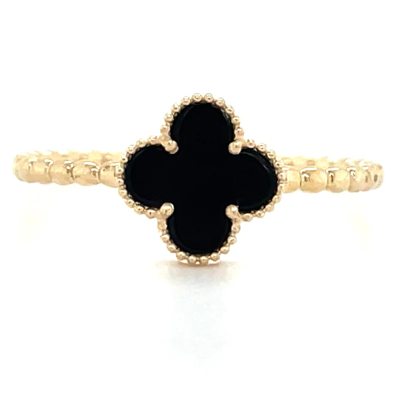 classic wedding rings for women -9ct Yellow Gold Black Onyx Clover Ring