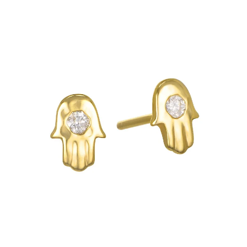 wedding earrings for women -Mini Hamsa Diamond 14kt Gold Stud Earrings