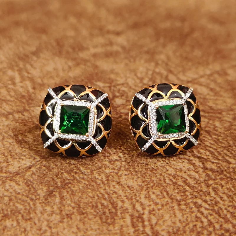 gemstone earrings for women -EMERALD GREEN CZ STUDDED GOLD PLATED STUDS