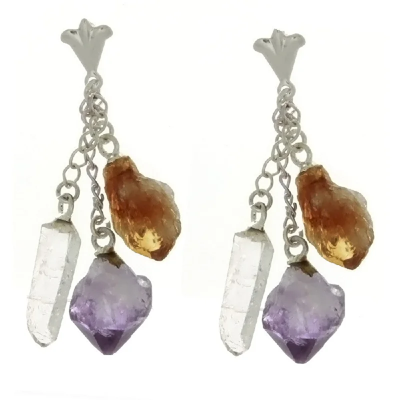 rose gold stud earrings for women -DANGLE AMETHYST & CITRINE NUGGET W/ QUARTZ POINT EARRINGS